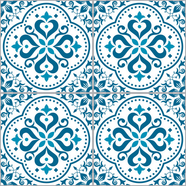 里斯本，葡萄牙风格的Azulejo瓷砖无缝矢量图案在绿松石，重复花卉墙纸或纺织品，织物印花图片下载