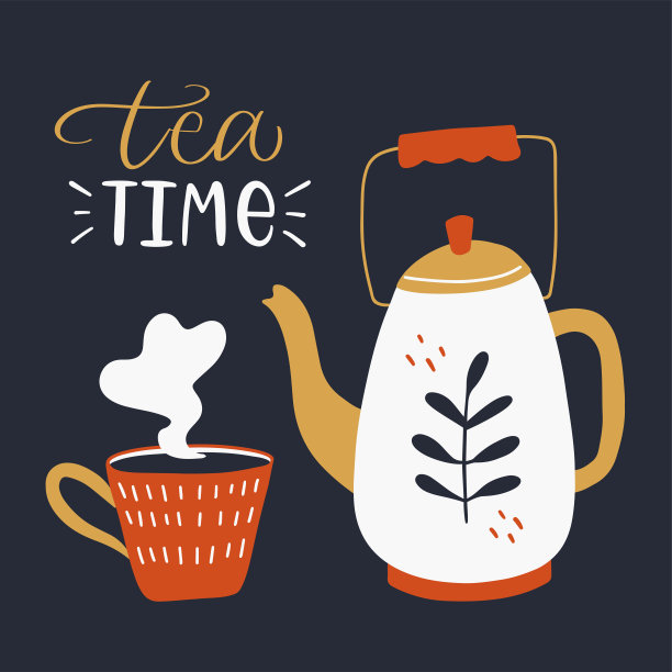 向量书法插图。茶时间的标语印刷。红色杯子，茶壶的舒适图标。平的风格。广告概念，茶馆、商店、商店、外卖、咖啡厅、餐厅的广告。图片下载