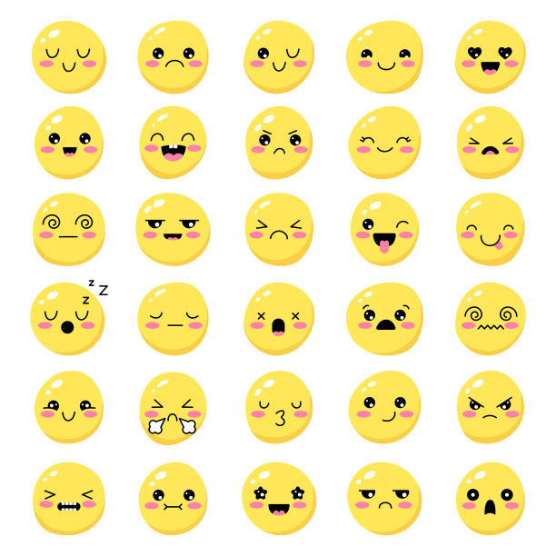 微笑的收藏。可爱的表情，人类的脸，情绪，愤怒，快乐，悲伤，节日，微笑，最近矢量圆，卡通球，最近矢量模板，设置孤立图片下载