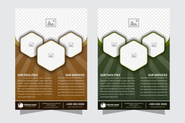 绿色和棕色背景的传单设计模板与照片拼贴的六边形空间图片下载