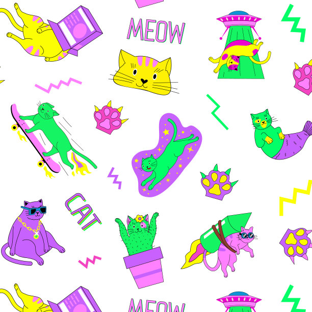 抽象的猫模式。无缝印花涂鸦小猫溜冰与UFO和太空火箭。美人鱼和仙人掌猫。90年代贴纸和徽章的彩色背景。向量的宠物纹理图片下载