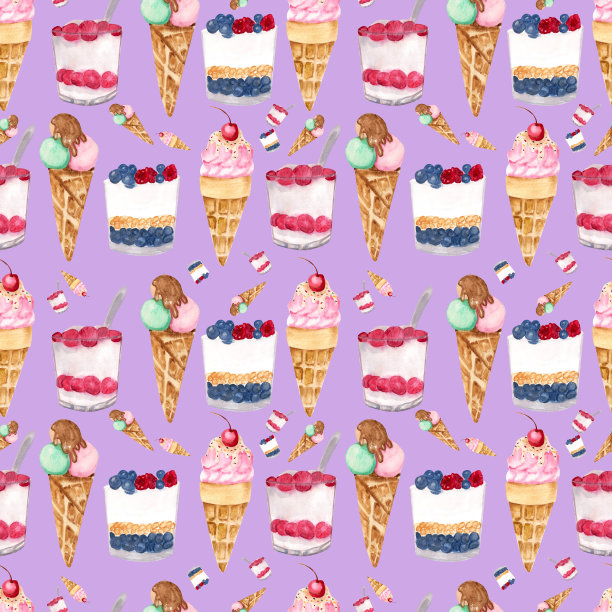 水彩无缝图案与甜甜点元素。华夫筒冰淇淋和紫色背景的杯子。图片下载