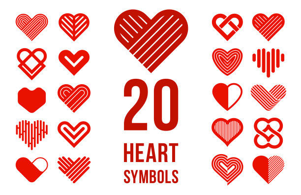 心形几何线性标志矢量图标或标志集，图形设计现代风格元素，爱的关怀和慈善几何符号集合。图片下载