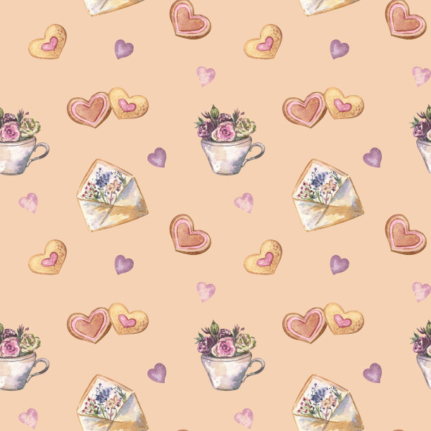 甜无缝图案与心形饼干，字母与野花，杯与玫瑰。图片下载