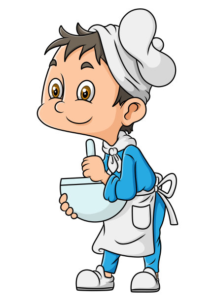 这个累坏了的小男孩正在厨房边做饭边搅拌碗图片下载