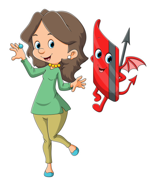 戴着新戒指的年轻女子正站在魔鬼信用卡旁边图片下载