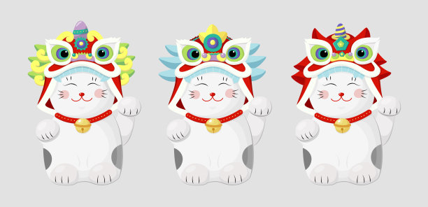 中国舞狮猫，中国风格。向量图形。新年快乐插画。带有红色中国标志的日本图标。图片下载