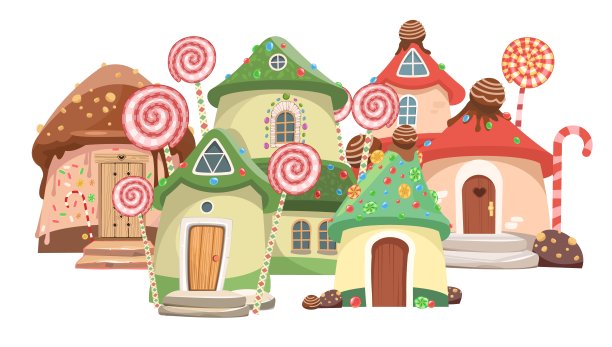 甜点的城市。甜美的焦糖精灵屋。插图在卡通风格的平面设计。在白色背景上孤立的儿童图片。向量图片下载
