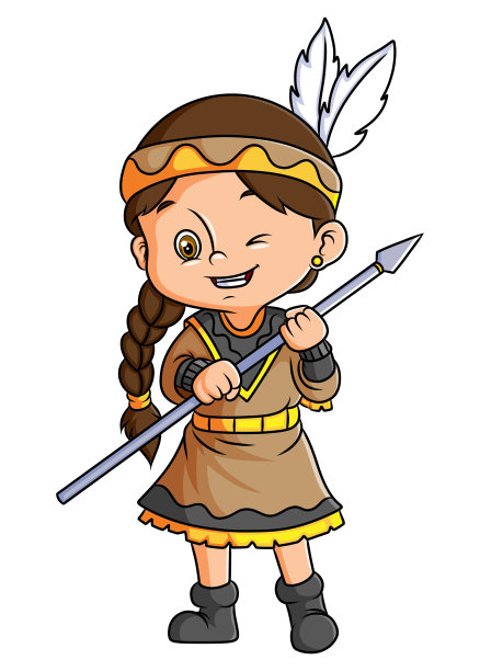 可爱的美国土著女孩拿着长矛图片下载