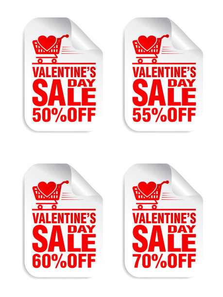 情人节销售白色贴纸与红色文本集，购物车与心的图标。50%， 55%， 60%， 70%的折扣图片下载