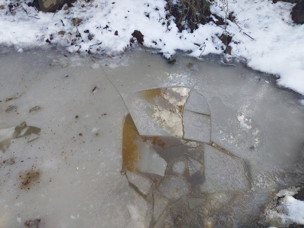 这是一张近距离的照片，拍摄的是冬天结冰的水坑，周围都是雪。图片下载