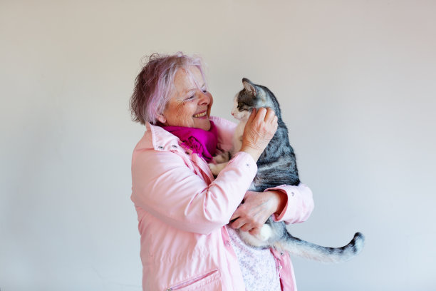 快乐的老女人抱着她的虎斑猫图片下载