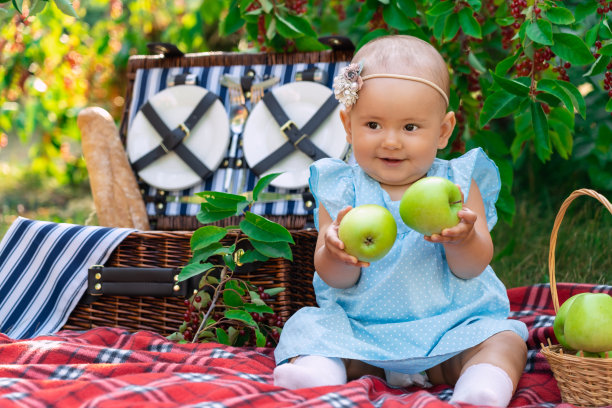 刚出生的小女孩手里拿着两个青苹果。穿着蓝色连衣裙的小女孩坐在野餐毯子上图片下载