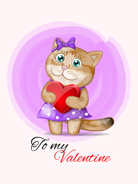 卡片与卡通可爱的金色英国猫女孩与心。矢量图图片下载
