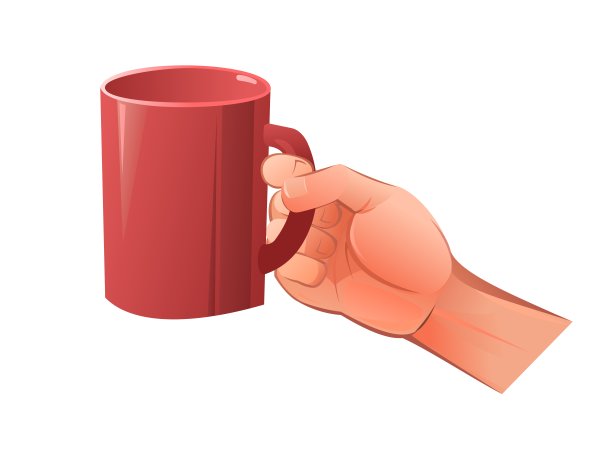 左手用红色杯子盛咖啡和饮料。对象孤立在白色背景上。有趣的卡通风格。向量图片下载