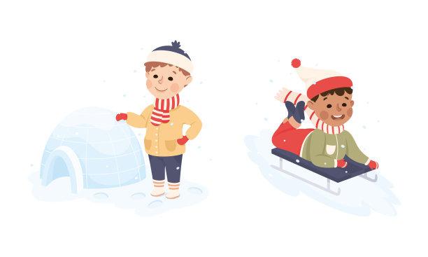 激动的男孩滑雪下坡和建立冰屋向量集图片下载