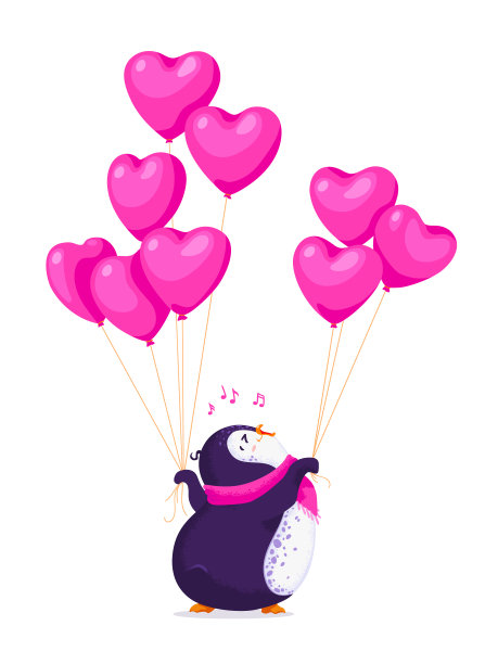 情人节贺卡，一个可爱的唱歌的企鹅在针织的粉红色围巾。带着粉色心形气球的卡通企鹅。白色背景。图片下载