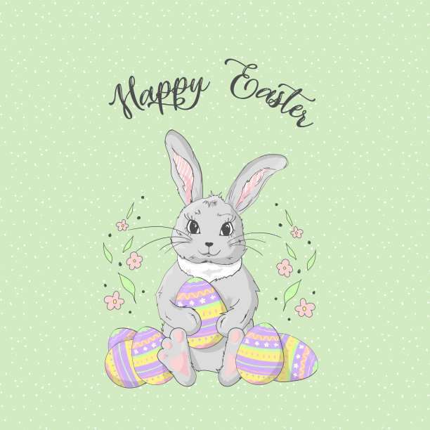 手绘可爱的兔子复活节彩蛋和鲜花。矢量插图。复活节兔子和彩蛋。图片下载