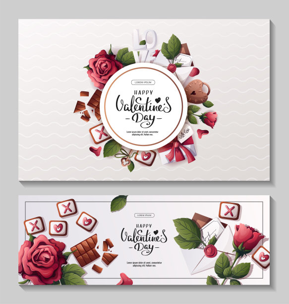 为快乐的情人节与礼盒横幅，玫瑰，花瓣，锁和钥匙，情书。图片下载