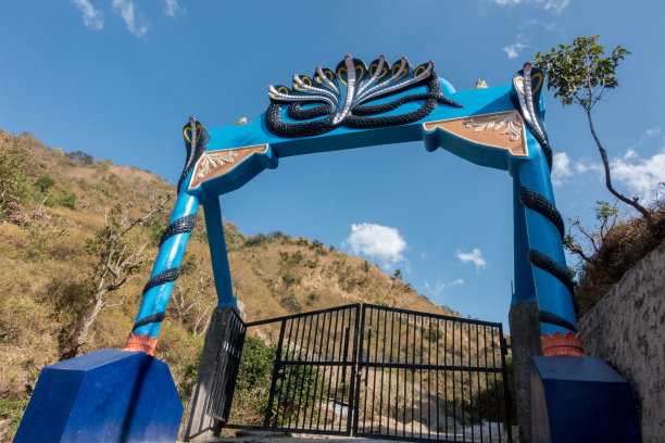 印度一座寺庙非常漂亮的入口门，上面有蛇雕像。印度北部德拉敦纳迦庙的入口大门。图片下载