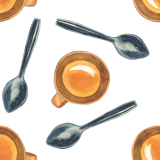 粘土杯和茶匙无缝图案在白色背景。水彩手绘插图。餐具元素的设计。图片下载