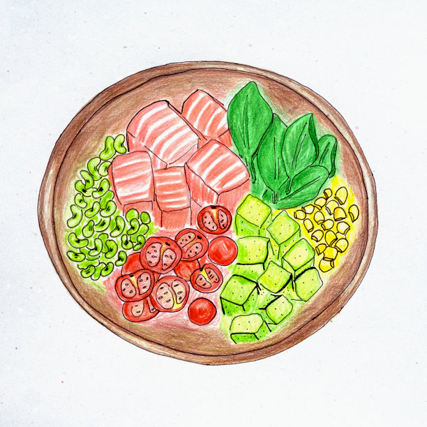 扑克与鲑鱼顶视图。食品的海报。用彩色铅笔在蓝色纹理纸上画草图。图片下载