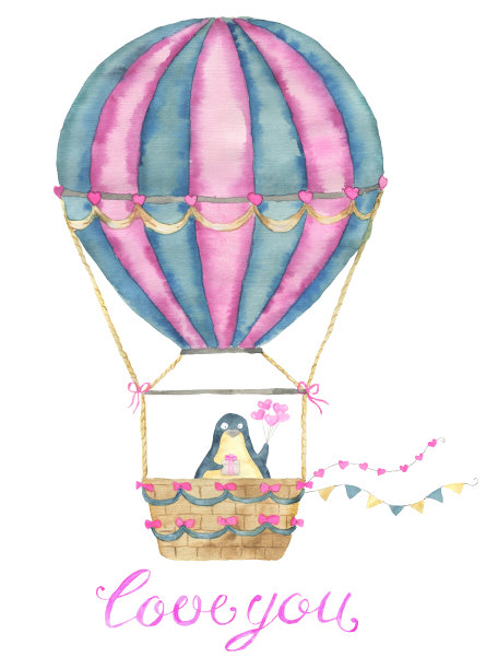 贺卡设计与可爱的卡哇伊企鹅鸟飞行在气球上的心，文字和爱情符号孤立在白色背景，情人节假期的概念图片下载