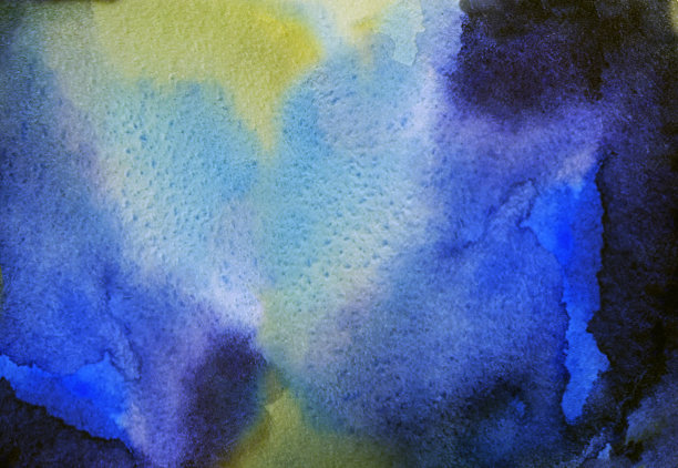 抽象的蓝色，海军蓝，黄色和黑色水彩背景与水彩纸纹理。深颜色油漆溢出膨胀插图。夜空。图片下载
