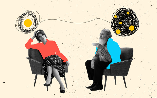 伤心冒犯的少女与老人交谈，父亲在灯光下。当代艺术品。关系的概念图片下载