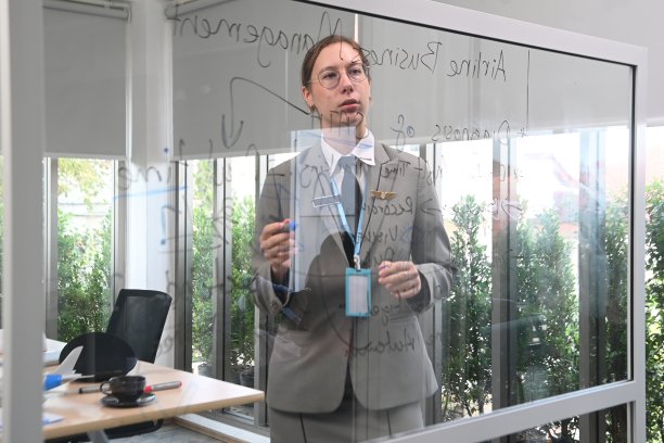 穿着飞行服的女人站在黑板前向同事们解释如何工作。图片下载