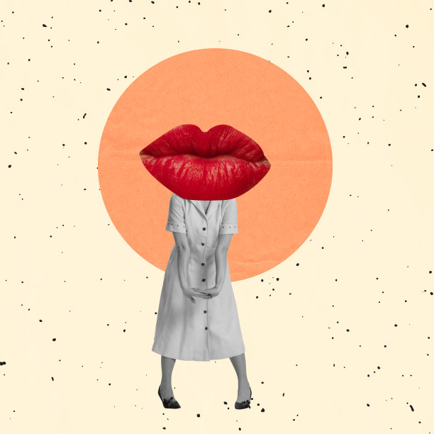 当代艺术拼贴。灵感，创意，时尚都市杂志风格。年轻的女孩在复古风格的连衣裙，以红色的女性嘴唇在灯光背景图片下载