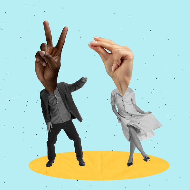 现代设计，当代艺术拼贴。灵感，创意，时尚都市杂志风格。一对情侣手牵着手在灯光下跳舞图片下载