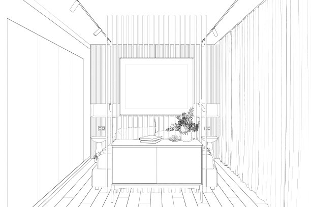 现代卧室的草图，隔板上有一张水平的海报，橱柜上的花瓶里有花，床旁边的床头柜，衣柜，窗户附近的窗帘。图片下载