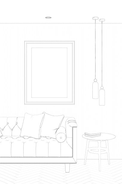 这是一个现代房间的草图，沙发上有一张垂直的海报，沙发上有靠垫，圆形咖啡桌上有两盏吊灯，拼花地板，内置灯。前视图。图片下载