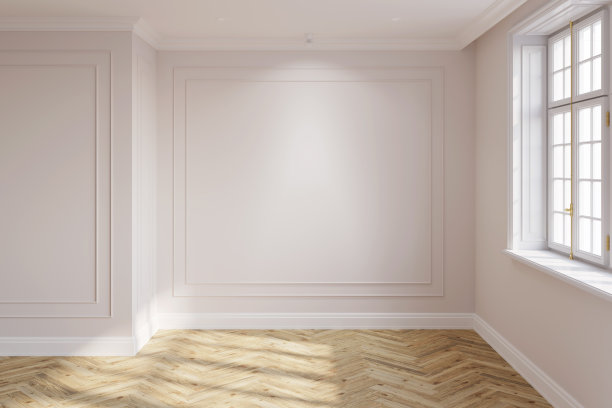 明亮的现代古典房间的内部，靠近窗户的空墙，射灯照明，拼花地板，墙面线条，内置灯具。前视图。图片下载