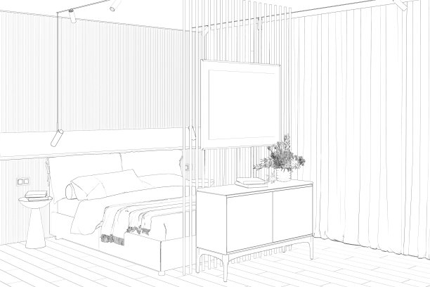 一幅现代卧室的草图，隔墙上有一张水平的海报，抽屉柜上花瓶里的花，床头的橱柜，床头柜，靠近窗户的窗帘。图片下载