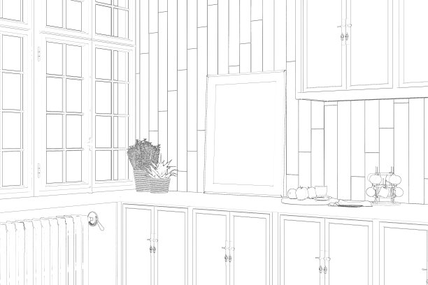 一幅厨房的草图，厨房的工作台上贴着一幅垂直的海报，墙上贴着厚木板、一扇窗户、挂在绳式花盆里的花、厨柜、黑色的暖气片。图片下载