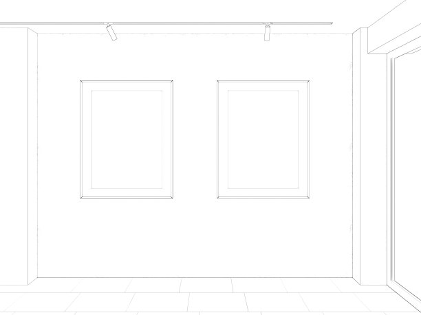 空荡荡的现代房间的草图，墙上贴着两张垂直的海报，天花板上的聚光灯，大窗户，瓷砖地板。前视图。图片下载