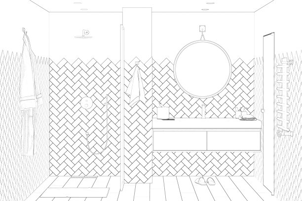 现代浴室的草图，淋浴间旁边有一件浴袍，一个带橱柜的大脸盆上方有一面圆形镜子，门旁边有一个加热毛巾架。前视图。图片下载