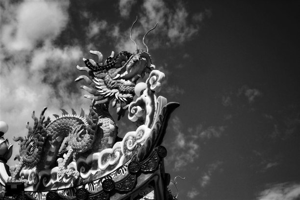 这是一张黑白的中国龙的照片，由中国寺庙内的许多瓷砖雕刻而成，背景是多云的天空。大量的空拷贝空间用于文本引用的使用。图片下载