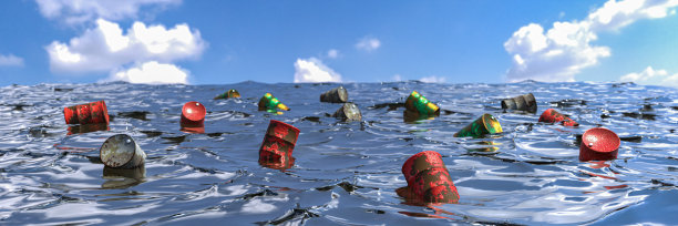 油桶溢出到海里，海洋中的工业废料，气候危机，3D插图，3D渲染。图片下载