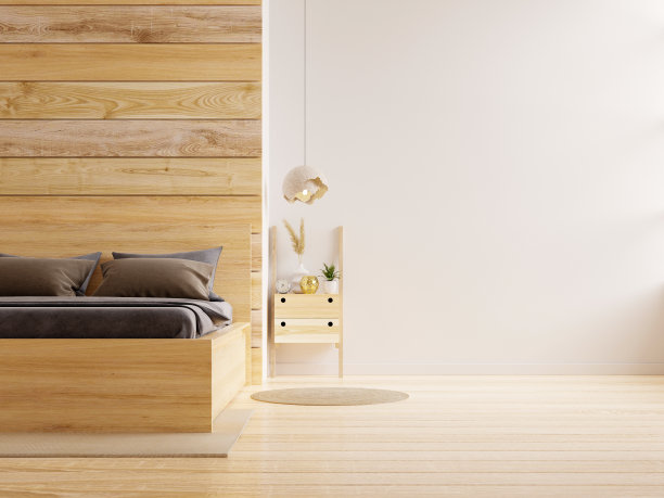 卧室内部模型，棕色床上空木墙背景。图片下载