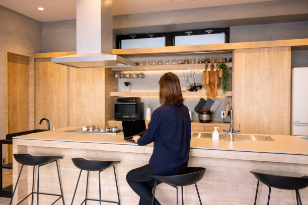 年轻女性餐厅员工在厨房柜台使用笔记本电脑的后视图图片下载