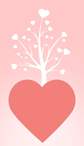 一个粉红色的大心脏，复制空间和一个白色的树在中心。插图，祝贺和节日明信片。图片下载
