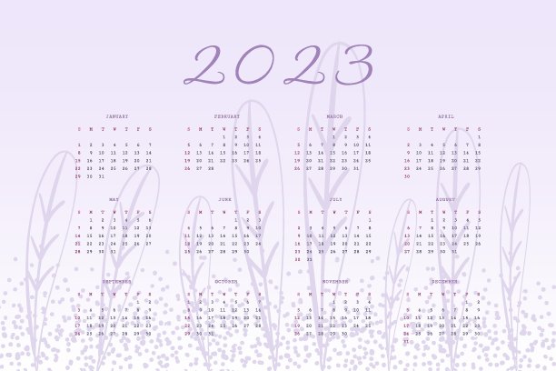 2023年日历时尚非常周围薰衣草调色板手绘植物元素图片下载