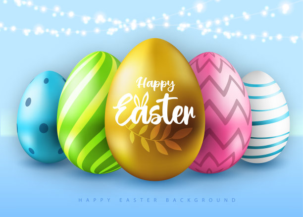 节日复活节的背景，彩色的复活节彩蛋和一串串的灯。贺卡或海报。矢量图图片下载