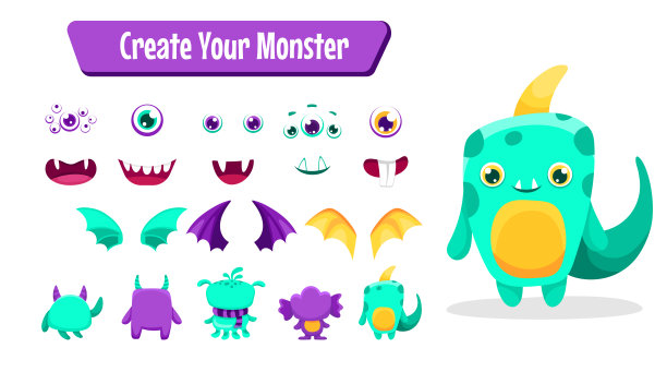可爱的怪兽卡通构造器套件，有身体部位，外星人的眼睛，嘴巴，牙齿，翅膀和角的儿童玩具，电子游戏和万圣节设计。矢量平面彩色插图图片下载