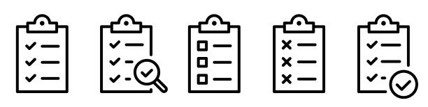 剪贴板图标。检查表与齿轮，检查标记，放大镜和铅笔。质量检查线标志。检查列表平面线图标。图标形式。剪贴板与齿轮技术支持检查列表-股票向量。图片下载