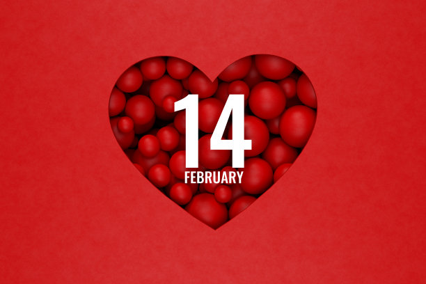 2月14日情人节气球在红色背景的心脏形状图片下载