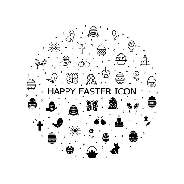 复活节平线图标设置。包含诸如彩色鸡蛋，兔子，篮子，蛋糕和小鸡的图标。简单的平面矢量插图网站或移动应用程序图片下载